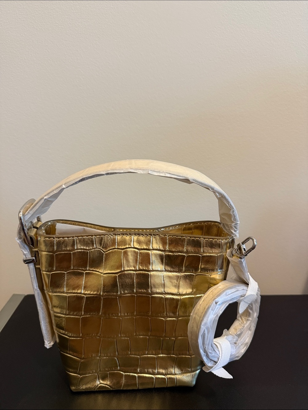 Gold Croc-Embossed Bucket Bag - Women
